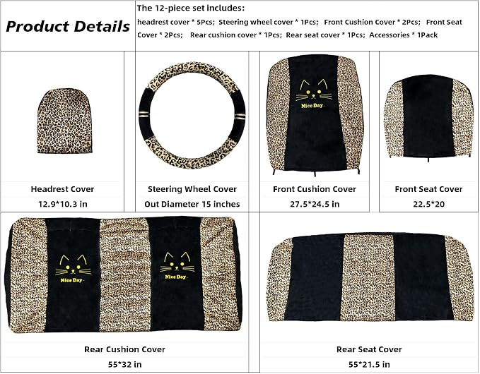 Cute Leopard Print Car Seat Covers For Women, Universal Full Set (Bunny) | Lovely Embroidered Cartoon Design For Daily Driving, Universal Fit For Most Cars, Soft Short Flannel With Stretch Backing