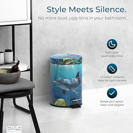 Sanilo Small Bathroom Trash Can with Lid [1.3 Gallon] - Lidded Tiny Trashcan for Garbage - Mini Metal Bin with Soft Closing Mechanism - Bath Room Accessoire Wastebin with Inner Bucket (Dolphin)