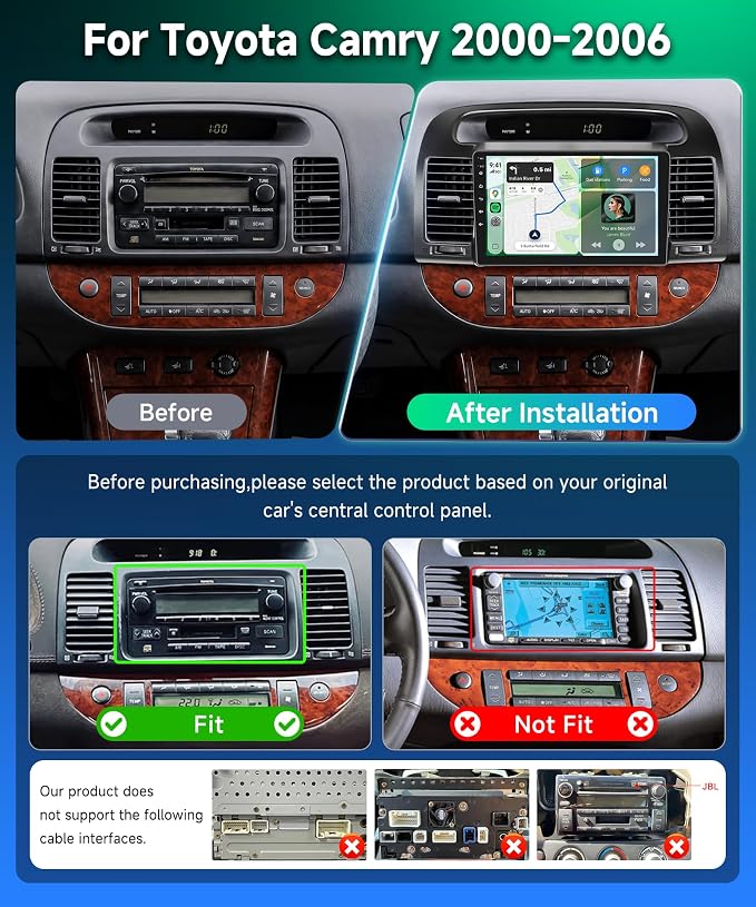 8Core 6G+128G Android 15 Rimoody Car Stereo for Toyota Camry 2000-2006, Wireless Carplay Andorid auto GPS 5G-WiFi DSP Bluetooth 5.0 9'' IPS Touchscreen FM/RDS SWC 1080P Backup Camera