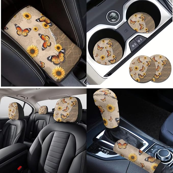 Lotusorchid Butterfly Print Car Seat Covers Full Set, Sunflower Printed Car Front Back Seat Covers Headrest Cover, Comfy Gear Shift Knob Protector Steering Wheel Cover Set of 16