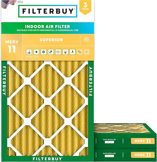 Filterbuy 10x20x2 Air Filter MERV 11 Superior Pet & Allergy Defense (3-Pack), Electrostatic Pleated HVAC AC Furnace Filters Replacement (Actual Size: 9.50 x 19.50 x 1.75)