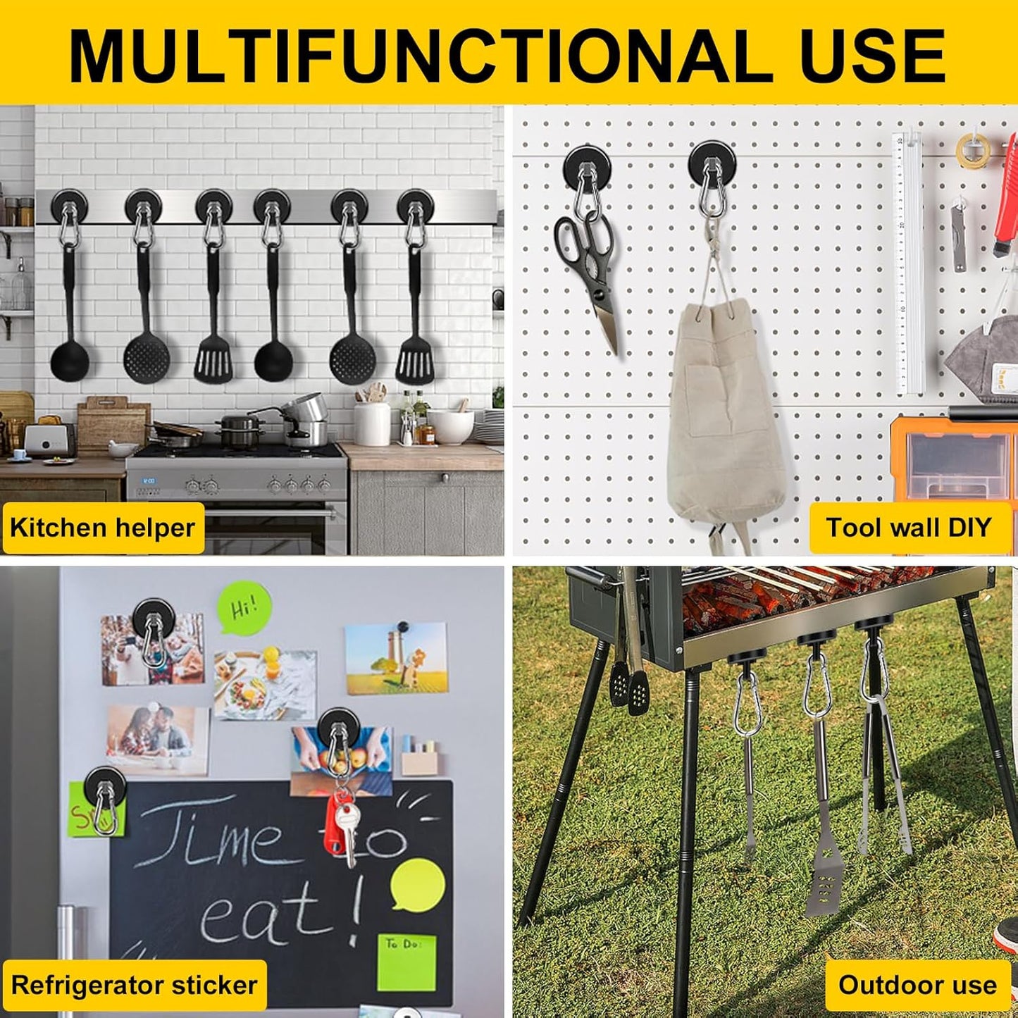 DIYMAG Black Magnetic Hooks, 110LBS Strong Heavy Duty Neodymium Magnet Hooks with Swivel Carabiner Hook, Great for Your Refrigerator and Other Magnetic Surfaces, Pack of 7