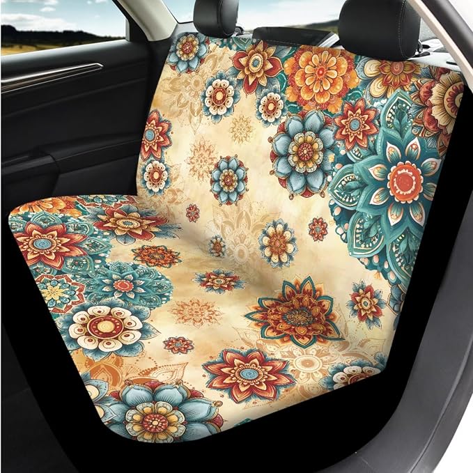 Bulopur Boho Dahlia Floral Vehicle Seat Covers Full Set with 15 Inch Steering Wheel Cover Center Console Cushion Seat Belt Covers Coasters Automotive Interior Decor Set 14 PCS