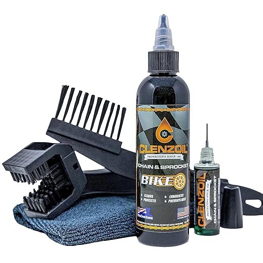 Clenzoil Chain & Sprocket Cleaning Kit - Chain Cleaner Lubricant Protectant (CLP) - Wet Lube Application, Dry Lube Performance - 4 oz Bottle, 0.5 oz Needle, Microfiber Towel & Chain Brush