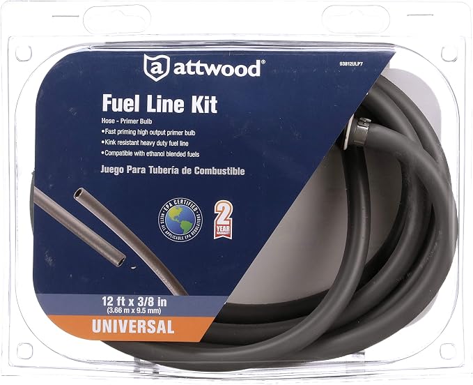 Attwood Universal Marine Fuel Line Kit, EPA Compliant, 12 Feet Long, 3/8-Inch Diameter Hose, includes Primer Bulb. (Fittings Not Included), 93812ULP7