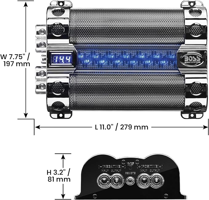 BOSS Audio Systems Cap18 - 18 Farad Car Capacitor For Energy Storage To Enhance Bass Demand From Audio System, Audible Warning Tone For Reverse Polarity, Voltage Overload Low Battery Voltage Led