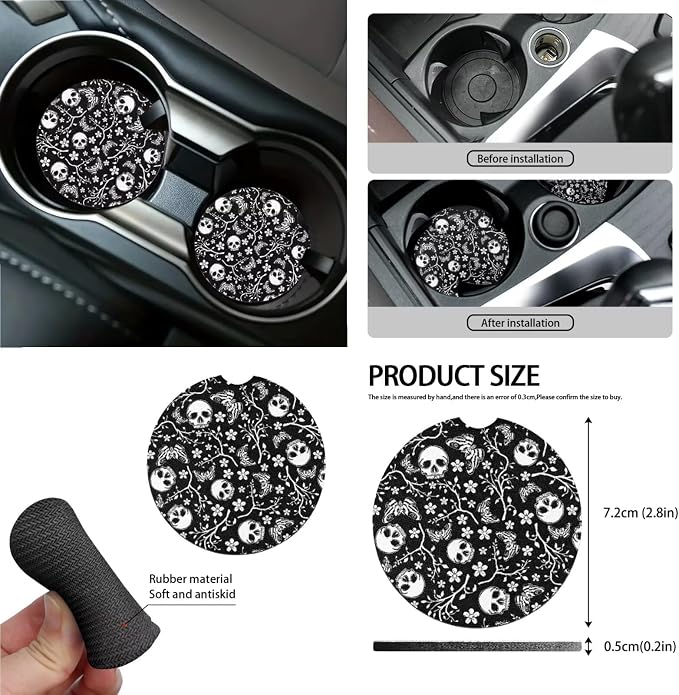 Wanyint Skull Butterfly Floral 15 PCS Car Seat Covers Set for Men Women, Seat Protector with Steering Wheel Cover Seat Belt Pads Trash Bin Sunglass Pocket Rear View Mirror Protector Coasters Key Chain