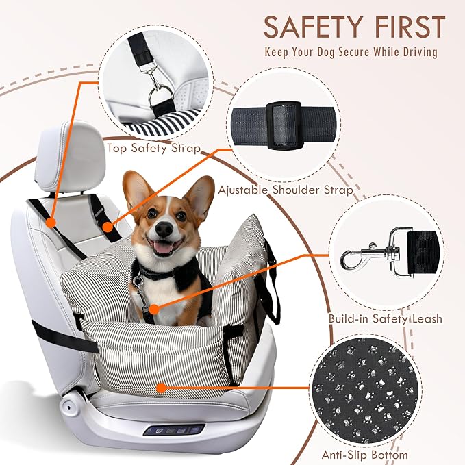 Dog Car Seats for Small/Medium Dogs Under 40 lbs - Elevated Pet Seat with Safety Belt, Non-Slip Base, and Storage Pockets for Car Travel,Brown