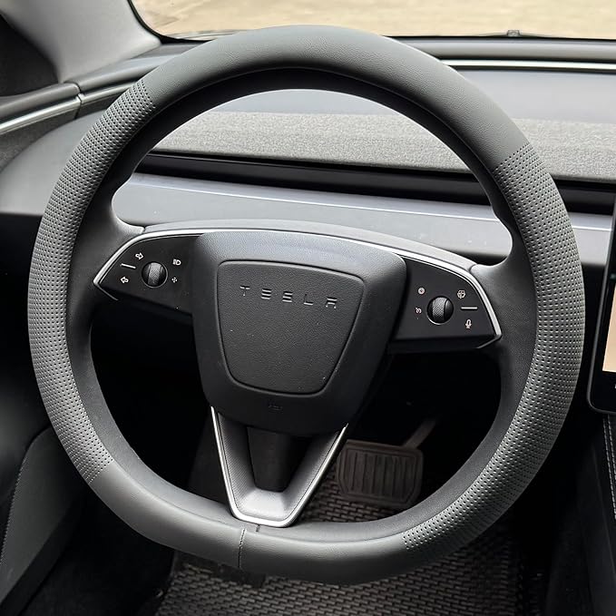 PINCTROT Nappa Leather Steering Wheel Cover for Tesla Model Y/3 Highland/Juniper, D Shaped 14 Inch Small Sized with Breathable Perforation, Fit Like Gloves, Flat Bottom 14 Inch(Nappa Dark Gray)