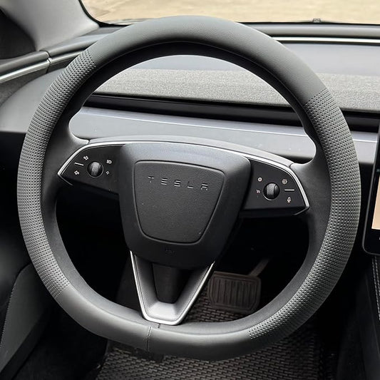 PINCTROT Nappa Leather Steering Wheel Cover for Tesla Model Y/3 Highland/Juniper, D Shaped 14 Inch Small Sized with Breathable Perforation, Fit Like Gloves, Flat Bottom 14 Inch(Nappa Dark Gray)