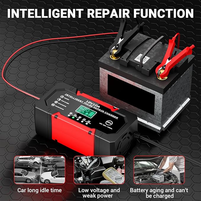 Battery Charger 10A 12V Fully Automatic Smart Car Battery Charger with LCD Display & Temperature Compensation for Car Motorcycle Vans
