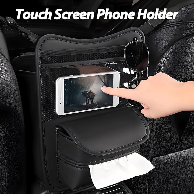 Car Organizer Storage Between Seats, Premium Leather Car Storage Bag Pocket Handbags Purse Holder with Tissue Box, Touch Screen Phone Holder, Console Front Seat Storage Barrier (Brown)