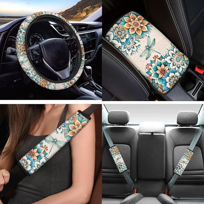 Bohemian Dragonfly Car Seat Covers Full Set 12Pcs Universal Fit Front and Split Bench Rear+Steering Wheel Cover+Seatbelt+Key+Center Console Armrest Pads for Cars,Boho Car Accessory