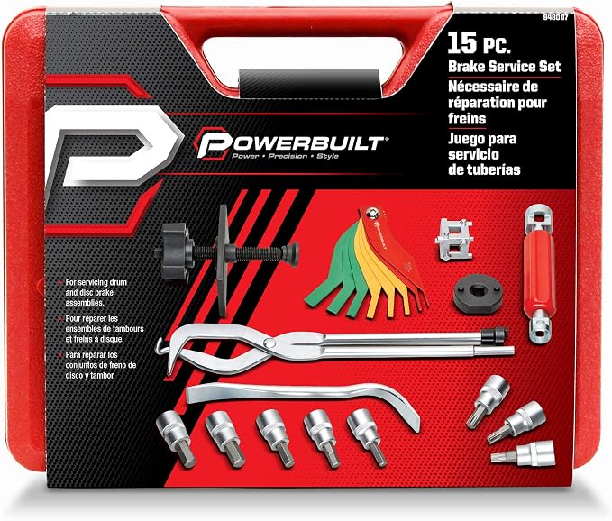 Powerbuilt Brake Service Set, 15 Piece, Remove Springs, Adjust Vehicle Drum Brakes, Spread Disc Pads, Piston Tool, Vehicle Repair Kit 948007