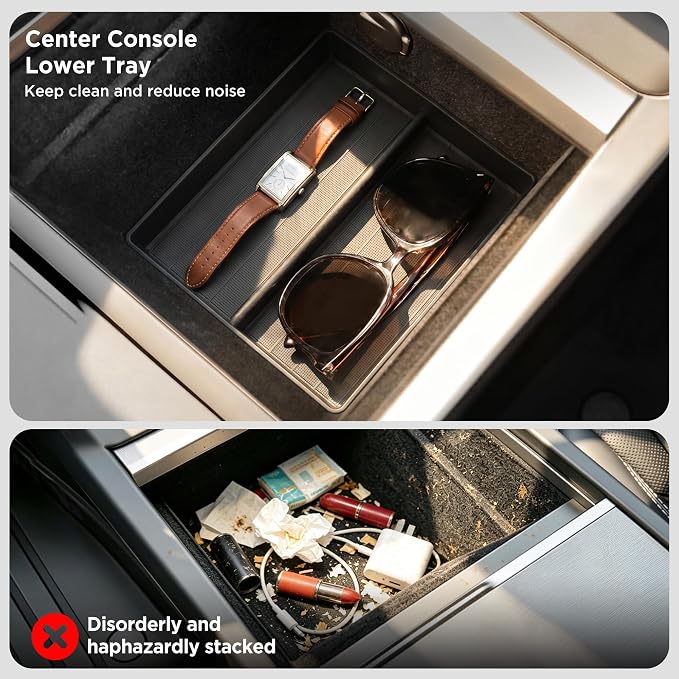 11PCS Center Console Organizer for Tesla New Model 3 Highland Under Center Armrest Storage Armrest Cover Hidden Storage Charger Pad for Tesla Model 3 Accessories 2024-2026 Black