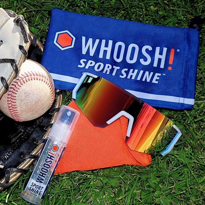 WHOOSH! Sport Shine 1 fl oz Eye Guard Cleaner Kit for Glasses, Goggles, Visors & Face Shields – Streak-Free Finish for All Lens Types, Travel Friendly – Includes 9x9” Microfiber Cloth & Storage Bag