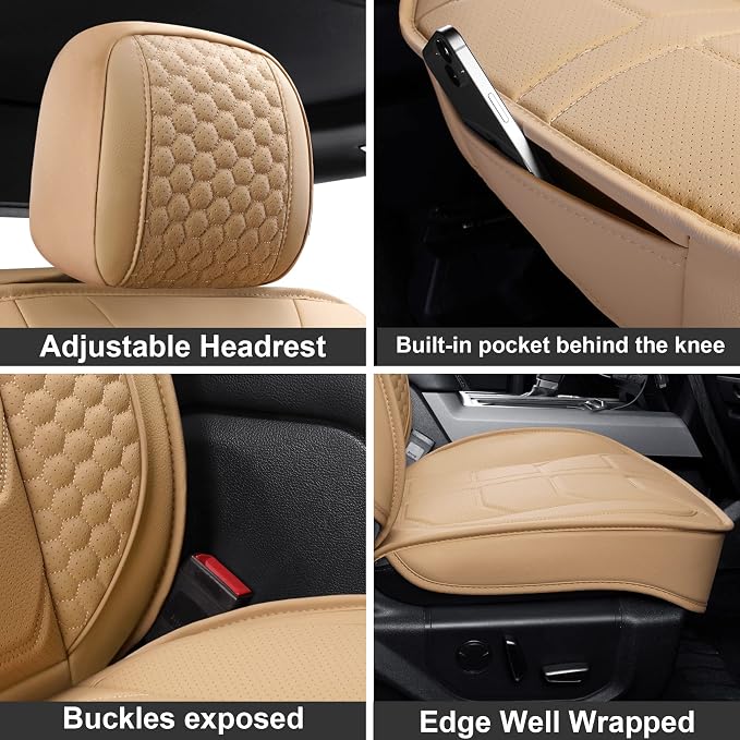 GXT Dodge RAM Front Seats Cover Fit for Select 2013-2021 Dodge RAM 1500 2500 3500 Pickup Truck, Waterproof Synthetic Leather Car Seat Cover and Cushion (Beige)