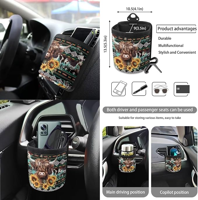 Aztec Tribe Cattle Print Car Seat Cover Sets Car Steering Wheel Cover Seat Belt Cover Trash Bin Air Vent Storage Box Front Rear View Mirror Car Cup Holder Keychain 15Pcs Car Accessories