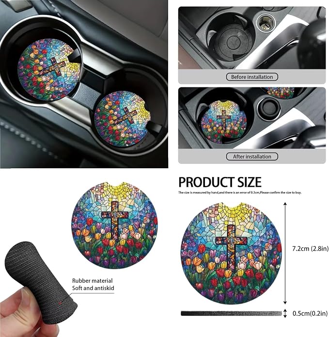 Stained Glass Cross Tulip Pattern Car Accessories Pack of 13, Auto Front and Rear Seat Cover Full Set, 1 Steering Wheel Cover, 4 Seat Belt Cover, 4 Cup Holder Coasters Universal Fit