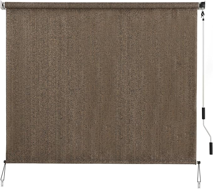SMONTER Outdoor Sunshade Roller Shade 8'W x 6'H (96" Wx72 H), Exterior Cordless Roll Up Shades Blinds, UV Protection Shade Cloth with Crank Operation for Outside Windows Patio Porch Gazebo, Mocha