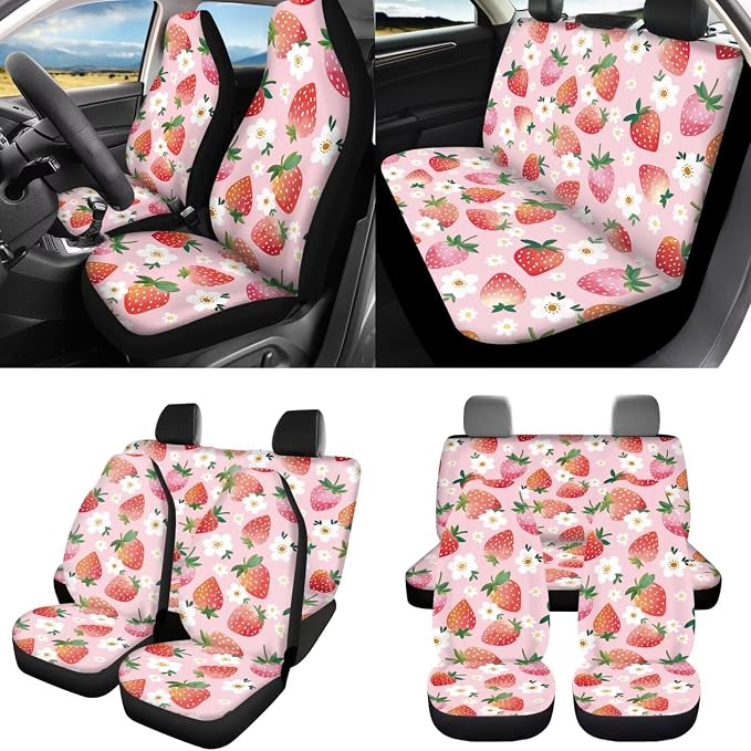 8 Pcs Strawberry Car Seat Covers Full Set Car Accessories for Women Front Seat Cover Steering Wheel Armrest Cover Seat Belt Cover for Auto SUV Interior Decoration