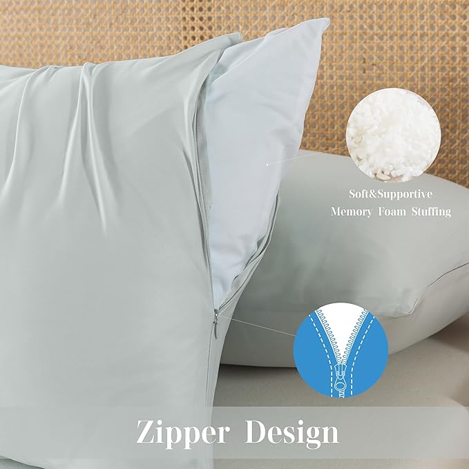 WhatsBedding Memory Foam Body Pillow with Zippered Cooling Cover, Full Body Pillow for Adults, Long Pillow for Sleeping, Fluffy Supportive, Ice Grey