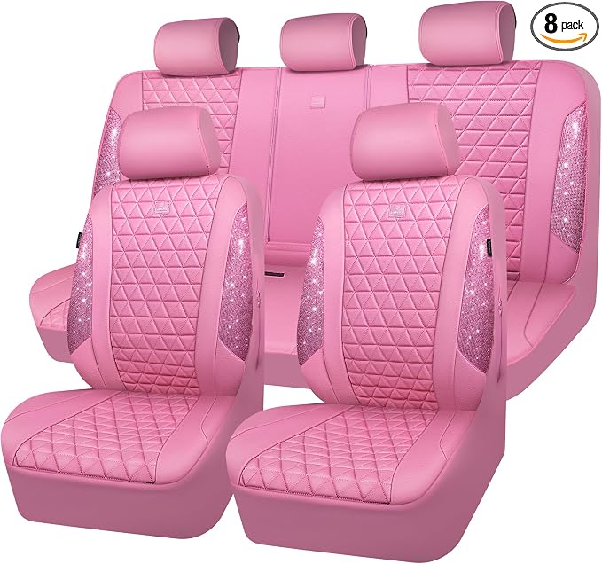 CAR PASS Bling Diamond Pink Leather Car Seat Covers Full Sets Interior Sets, Waterproof Shining Glitter Sparkly Crystal Universal Armrest Fit for Automotive Truck SUV Cute Women Girl, Pink Rhinestone
