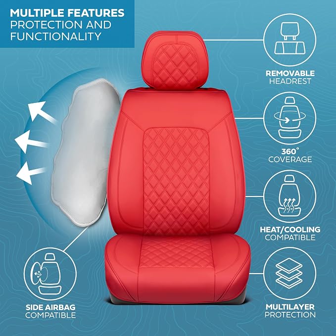 MotorBox Haven Series Napa Leather Seat Covers for Cars, Lux Edition Diamond Stitched Front Seat Covers, Premium PU Leatherette Red Car Seat Covers for Cars Trucks SUVs
