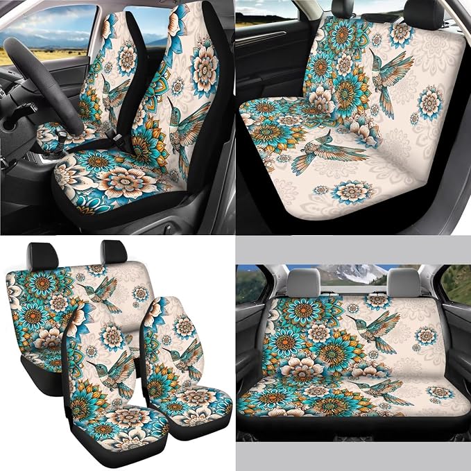 Boho Mandala Hummingbird Pattern 13 Pieces Car Accessories Interior Set, Non Slip Car Front and Rear Seat Cover, Steering Wheel Cover, Seat Belt Cover Pad Coasters, Gift for Friend and Family