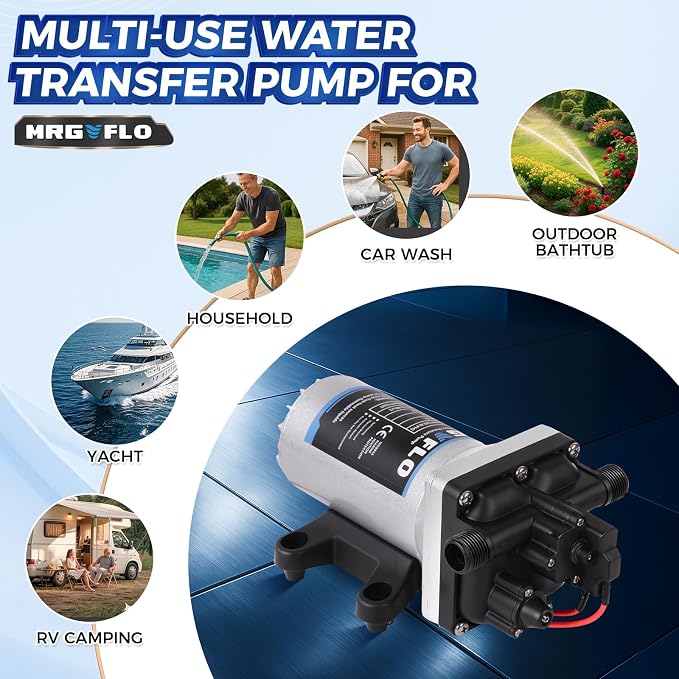 [Upgraded Version] 12V DC RV Fresh Water Pump, 5.5GPM 55PSI, Five Chamber Self-Priming Diaphragm Pump with Heavy Duty Pressure Switch & Strainer (12V-5.5GPM-55PSI)