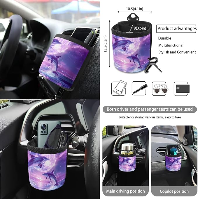 Dolphin Moon Print Car Accessories Set with Car Seat Covers Steering Wheel Cover Seatbelt Strap Pad Trash Cans Air Vent Storage Bag Cup Holder Rearview Mirror Cover Key Chain, 15 Pack