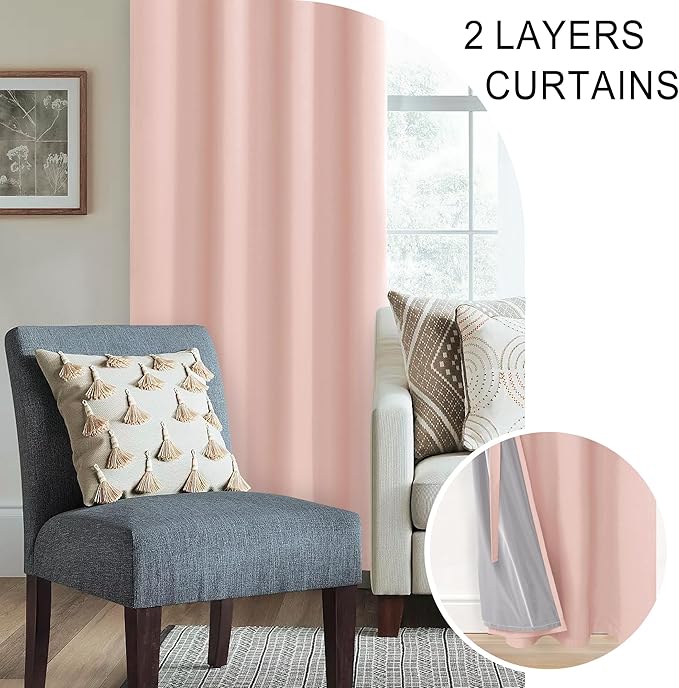 XWZO Total Blackout Curtains 84 Inches Long 2 Panels with Tiebacks - Heat and Full Light Blocking Thermal Insulating Window Panels with Grommets for Bedroom/Nursery, Blush Pink, W42 x L84, Set of 2
