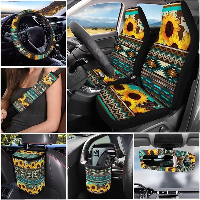 Dreaweet Sunflower Aztec Seat Covers Full Set Green Universal Car Accessories for SUV Trucks Steering Wheel Covers Seatbelt Covers Coaster Trash Can Air Vent Holder Rear View Mirror Cover Keychain