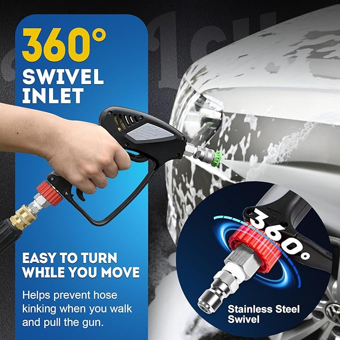 TOOLCY Pro Short Pressure Washer Gun 5000 PSI with Swivel, 304 Stainless Steel 3/8" Quick Connect Inlet, High Pressure Washer Gun with 1/4" Quick Connect, Includes 3/8" QC to M22-14mm Adapter