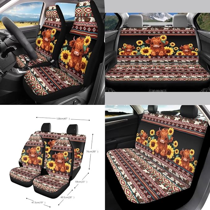 Aztec Tribal Geometric Pattern 15 PCS Interior Decoration for Car, Highland Cattle Sunflower Car Seat Covers Full Set Seat Belt Pads Coasters Car Trash Can Air Vent Storage Bag Keychain