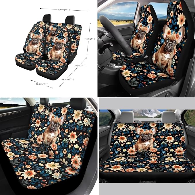 Suobstales French Bulldog Flower Print Car Seat Covers Full Set for Women Girly Seat Cover Protector Auto Decorative with Steering Wheel Cover +Seat Belt Covers +Coasters +Keychains