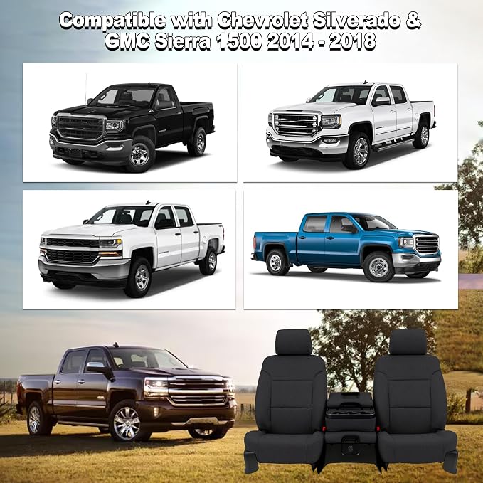 Seat Covers for Chevy Silverado & GMC Sierra 1500 2014 2015 2016 2017 2018 Heavy Duty Cloth Protector Interior Accessories，Waterproof & Machine Washable-Black (Front)