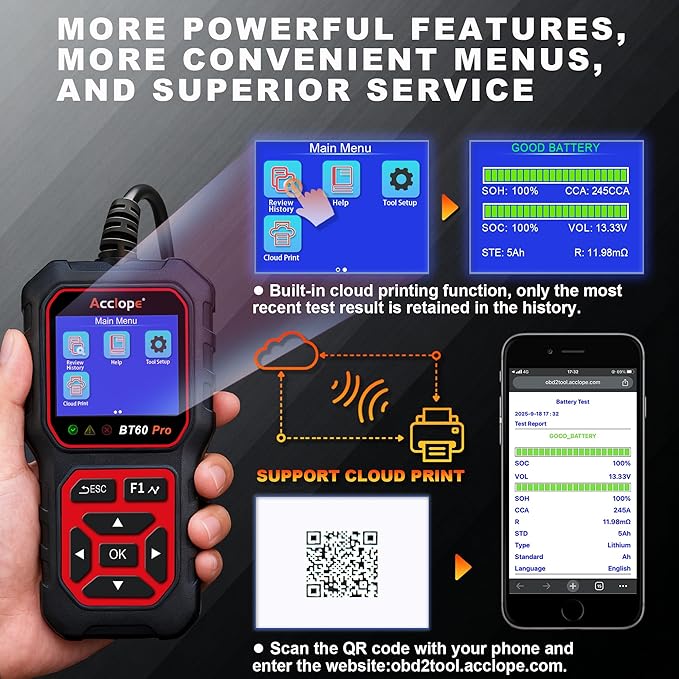 BT60 PRO Car Battery Tester 6V/12V/24V, 2–120Ah, 100–3000 CCA, AGM/Gel/Lithium, Digital Analyzer, QR Cloud Report (No App), Alternator & Starter/Charging System
