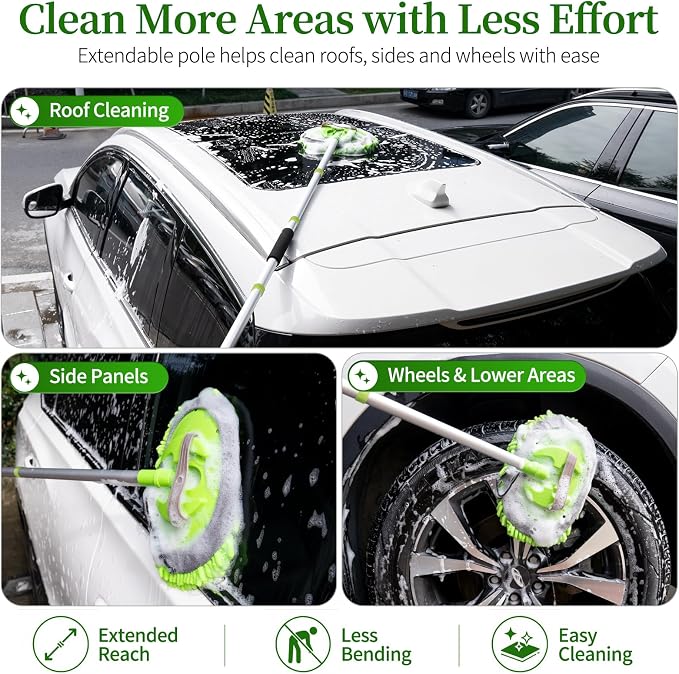 Car Wash Brush with Long Handle - 62" Car Wash Kit with Chenille Microfiber Cleaning Brush, Car Washing Mop with 3 Replacement Mitts, Scratch-Free Scrub Washer Wand for Vehicles, RV, Truck Green