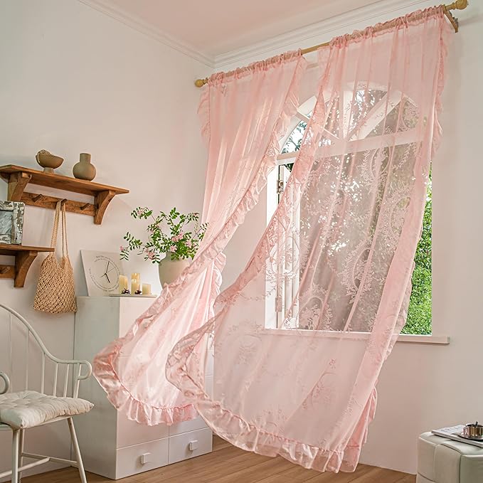 Sutuo Home Pink Lace Curtains 96 Inches Long 2 Set, Sheer Panels Rose Floral Embroidery Ruffled Vintage Voile Window Treatment Pair for Girl's Bedroom Living Room, Rod Pocket, W57 x L96