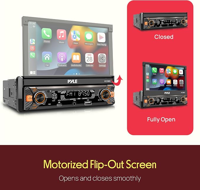 Pyle 7" Single DIN Car Stereo | Apple CarPlay & Android Auto, Flip-Out 7-Inch IPS Touchscreen, Bluetooth, 1080p Backup Camera, AM/FM, USB, 240 W | Single DIN Head Unit Receiver