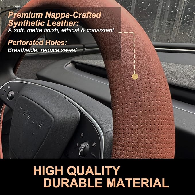 PINCTROT Nappa Leather Steering Wheel Cover for Tesla Model Y/3 Highland/Juniper, D Shaped 14 Inch Small Sized with Breathable Perforation, Fit Like Gloves, Flat Bottom 14 Inch(Nappa Brown)