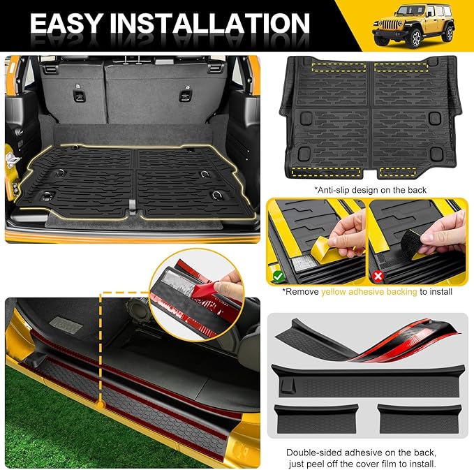 Trunk Mat with Door Sill Guards for 2021-2025 Jeep Wrangler JL Unlimited 4XE Accessories All Weather Rear Trunk Liner Door Sill Protector for 21-25 JL JLU 4XE 4 Door(Not for 4X4)