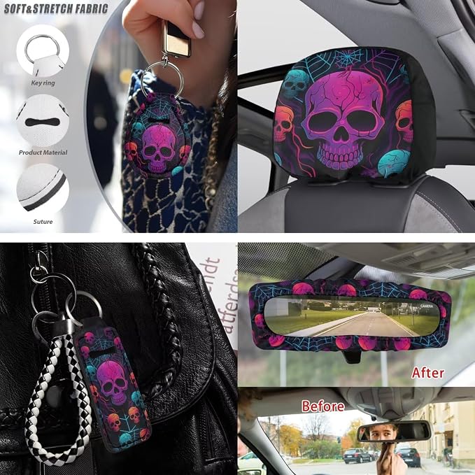 Skull Printed Car Front Rear Seat Covers Spider Web Print Steering Wheel Cover Matched Seatbelt Covers Waterproof Lipstick Holder Keychain Headrest Covers Universal Fit Most Vehicles