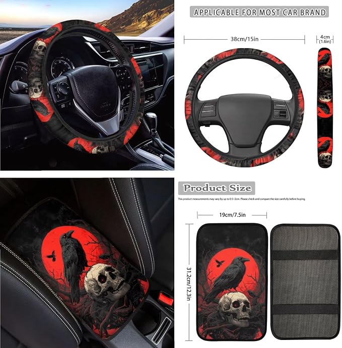 Crow Skull Print Car Seat Covers Front and Back Full Set with Headrest Covers Steering Wheel Cover Safety Belt Pads Armrest Cushion Cup Coasters for SUV Truck Sedan, Easy to Install