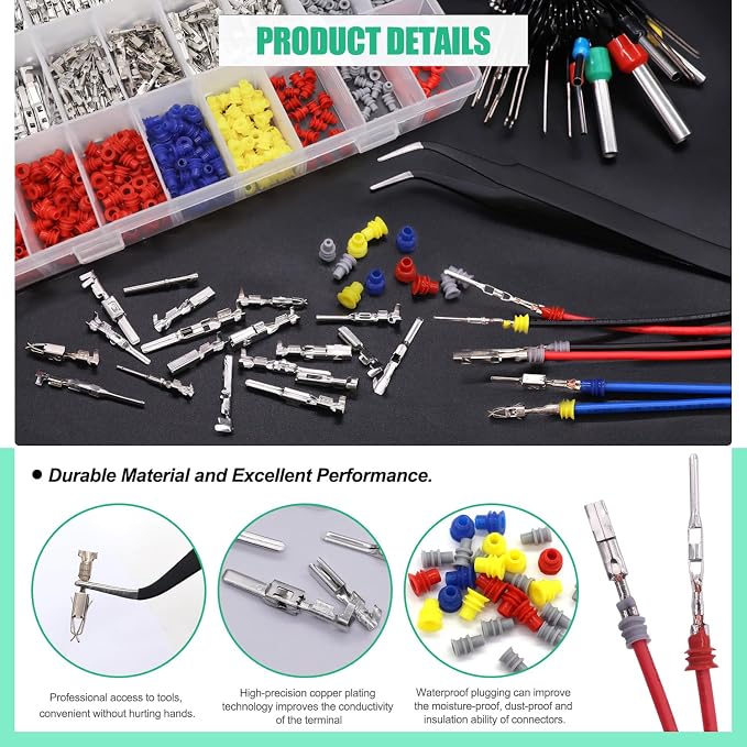 Twidec/535Pcs Car Electrical Wire Terminal Pins Connector Kit 1/1.5/1.8/2.2/2.8/3.5mm 26Type Male&Female Connector Pins Terminal Auto Electric Connectors Non-Insulated Plug Removal Crimp Pins