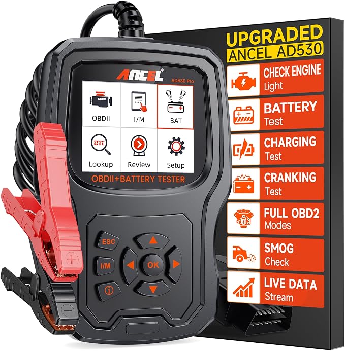 ANCEL AD530 PRO 2-in-1 OBD2 Scanner and 12V Battery Tester | Check Engine Light,Car Battery/Cranking/Charging System Test, Live Data Diagnostics Tool for 1996+ Cars & Motorcycles