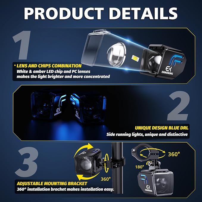 Motorcycle LED Fog Lights 2 Inch White/Amber Dual Color LED Pods Auxiliary 4 Modes Strobe Square Driving Light Spotlights with Blue Backlight for ATV UTV Off-Road Truck Pickup Tractor RV