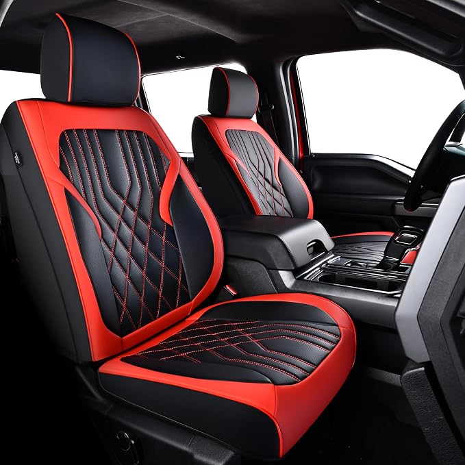 Ranger Seat Covers, for 2019-2023 Ford Ranger XLT XL Lariat Crew Cab, Napa Leather Seat Protector (Full Set, Black&Red)