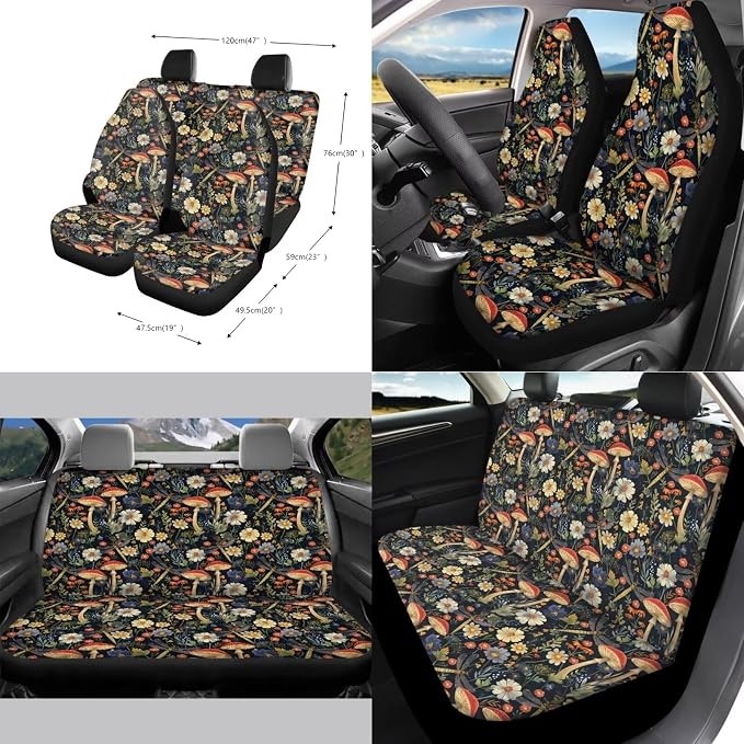 Car Accessories Car Seat Covers Full Set/Seatbelt Shoulder Pads/Coasters/Key Ring/Lipstick Holder for Women's Vehicle Decor(13 Pack), Vintage Mushroom Floral Dragonfly Print